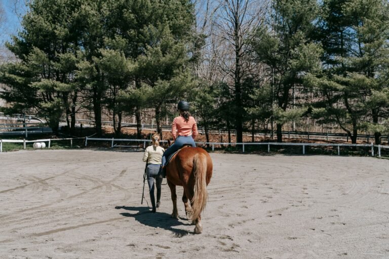 Two women during a horseback riding lesson in an outdoor paddock