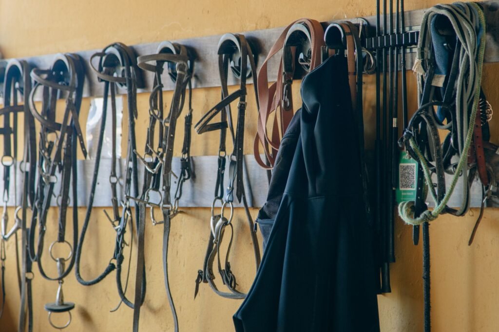 Saddles, bridles and other horse tack hanging in a stable