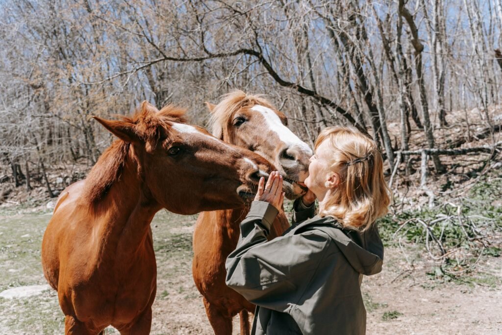 A woman interacting with two horses in a wooded setting