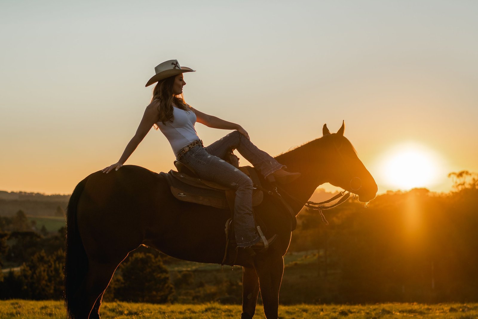 A rider in a cowboy hat silhouetted on horseback at sunset