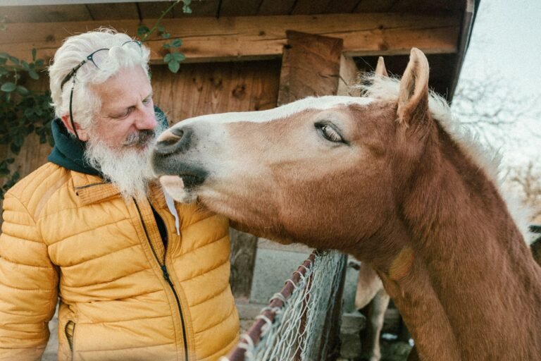 A bearded man in a yellow jacket handling a horse outdoors