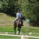 A woman riding a horse in an outdoor dressage arena