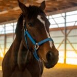 A brown horse in a blue halter standing inside a barn